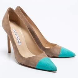 Pre Owned Manolo Blahnik Light Brown/Blue Suede Bipunta Pointed Toe Pumps Size 36.5