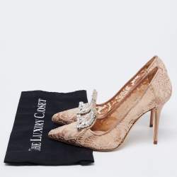 Pre Owned حذاء كعب عالى مانولو بلانيك بورلاك دانتيل وردي فاتح مزخرف كريستال مقاس 37.5