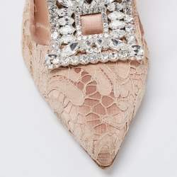 Pre Owned حذاء كعب عالى مانولو بلانيك بورلاك دانتيل وردي فاتح مزخرف كريستال مقاس 37.5