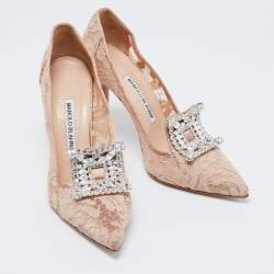 Pre Owned حذاء كعب عالى مانولو بلانيك بورلاك دانتيل وردي فاتح مزخرف كريستال مقاس 37.5