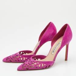 Pre Owned Manolo Blahnik Pink Laser Cut Suede Tayler Pointed Toe Pumps Size 39