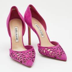 Pre Owned Manolo Blahnik Pink Laser Cut Suede Tayler Pointed Toe Pumps Size 39