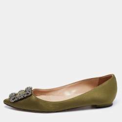 Pre Owned Manolo Blahnik Olive Green Satin Hangisi Ballet Flats Size 35