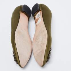 Pre Owned Manolo Blahnik Olive Green Satin Hangisi Ballet Flats Size 35