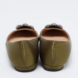 Pre Owned Manolo Blahnik Olive Green Satin Hangisi Ballet Flats Size 35