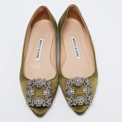 Pre Owned Manolo Blahnik Olive Green Satin Hangisi Ballet Flats Size 35