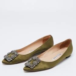 Pre Owned Manolo Blahnik Olive Green Satin Hangisi Ballet Flats Size 35