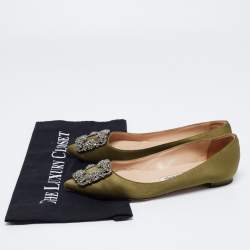 Pre Owned Manolo Blahnik Olive Green Satin Hangisi Ballet Flats Size 35