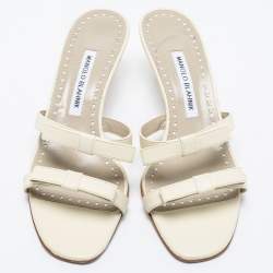Pre Owned Manolo Blahnik White Leather  Slide Sandals Size 39