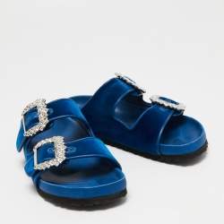 Birkenstock X Manolo Blahnik Blue Velvet Crystal Embellishments Slides Size 40