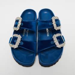 Birkenstock X Manolo Blahnik Blue Velvet Crystal Embellishments Slides Size 40