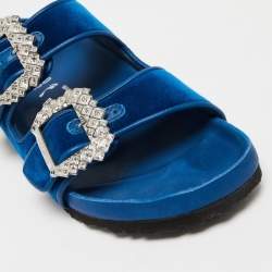 Birkenstock X Manolo Blahnik Blue Velvet Crystal Embellishments Slides Size 40