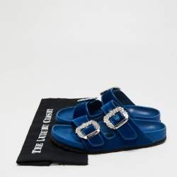 Birkenstock X Manolo Blahnik Blue Velvet Crystal Embellishments Slides Size 40