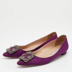 Manolo Blahnik Dark Purple Satin Hangisi Crystal Embellished Ballet Flats Size 38