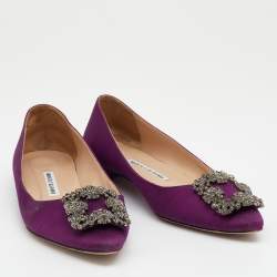 Manolo Blahnik Dark Purple Satin Hangisi Crystal Embellished Ballet Flats Size 38