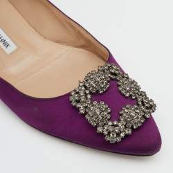 Manolo Blahnik Dark Purple Satin Hangisi Crystal Embellished Ballet Flats Size 38