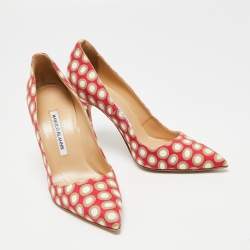 Pre Owned Manolo Blahnik Tri-Color Printed Fabric BB Pointed-Toe Pumps Size 37.5