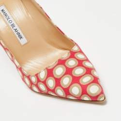 Pre Owned Manolo Blahnik Tri-Color Printed Fabric BB Pointed-Toe Pumps Size 37.5