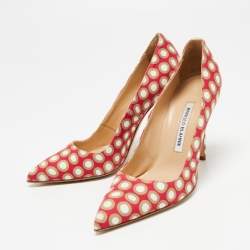 Pre Owned Manolo Blahnik Tri-Color Printed Fabric BB Pointed-Toe Pumps Size 37.5