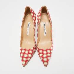 Pre Owned Manolo Blahnik Tri-Color Printed Fabric BB Pointed-Toe Pumps Size 37.5
