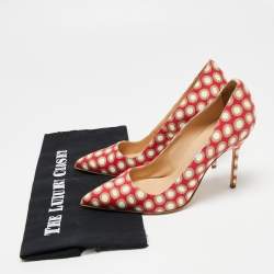 Pre Owned Manolo Blahnik Tri-Color Printed Fabric BB Pointed-Toe Pumps Size 37.5