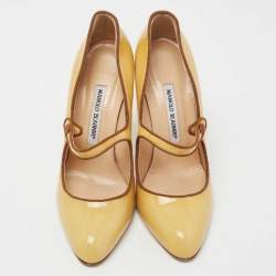 Pre Owned Manolo Blahnik Yellow Patent  Leather Camparinew Pumps Size 38.5