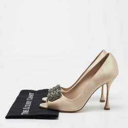 Pre Owned Manolo Blahnik Beige Satin Crystal Embellished Peep Toe Pumps Size 40