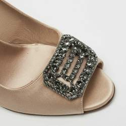 Pre Owned Manolo Blahnik Beige Satin Crystal Embellished Peep Toe Pumps Size 40