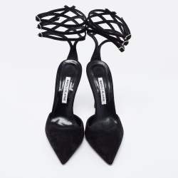 Pre Owned Manolo Blahnik Black Suede Strappy Ankle Cuff Pointed Toe Pumps Size 41