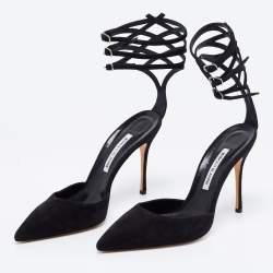 Pre Owned Manolo Blahnik Black Suede Strappy Ankle Cuff Pointed Toe Pumps Size 41