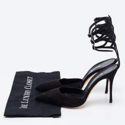 Pre Owned Manolo Blahnik Black Suede Strappy Ankle Cuff Pointed Toe Pumps Size 41