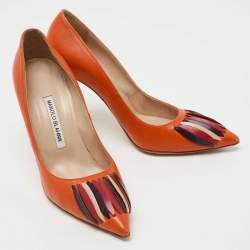 Pre Owned Manolo Blahnik Orange Leather Pointed-Toe Pumps Size 38.5