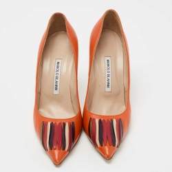 Pre Owned Manolo Blahnik Orange Leather Pointed-Toe Pumps Size 38.5