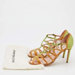 Pre Owned Manolo Blahnik Green/Gold Satin And Leather Cut Out Strappy Sandals Size 41