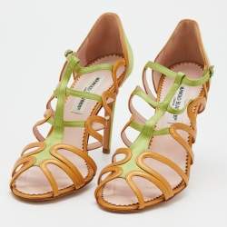 Pre Owned Manolo Blahnik Green/Gold Satin And Leather Cut Out Strappy Sandals Size 41