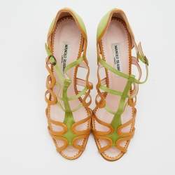Pre Owned Manolo Blahnik Green/Gold Satin And Leather Cut Out Strappy Sandals Size 41