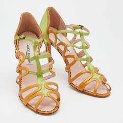 Pre Owned Manolo Blahnik Green/Gold Satin And Leather Cut Out Strappy Sandals Size 41