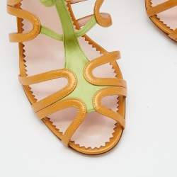 Pre Owned Manolo Blahnik Green/Gold Satin And Leather Cut Out Strappy Sandals Size 41