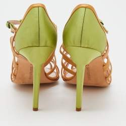 Pre Owned Manolo Blahnik Green/Gold Satin And Leather Cut Out Strappy Sandals Size 41