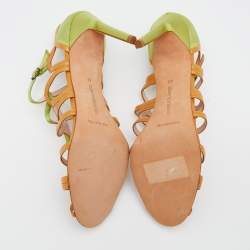 Pre Owned Manolo Blahnik Green/Gold Satin And Leather Cut Out Strappy Sandals Size 41