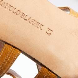 Pre Owned Manolo Blahnik Green/Gold Satin And Leather Cut Out Strappy Sandals Size 41