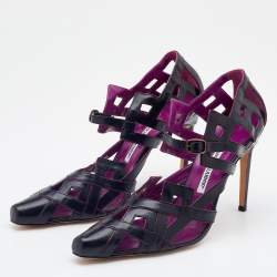 Pre Owned Manolo Blahnik Black/Purple Leather Cut Out Sandals Size 40.5