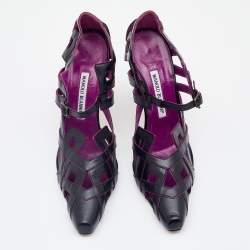 Pre Owned Manolo Blahnik Black/Purple Leather Cut Out Sandals Size 40.5