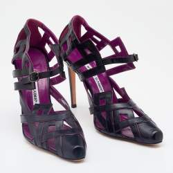 Pre Owned Manolo Blahnik Black/Purple Leather Cut Out Sandals Size 40.5