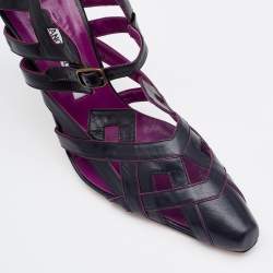 Pre Owned Manolo Blahnik Black/Purple Leather Cut Out Sandals Size 40.5