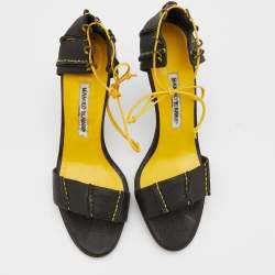 Pre Owned Manolo Blahnik Black Leather Ankle Tie Up Sandals Size 41