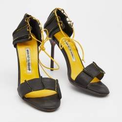 Pre Owned Manolo Blahnik Black Leather Ankle Tie Up Sandals Size 41