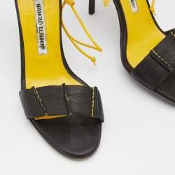 Pre Owned Manolo Blahnik Black Leather Ankle Tie Up Sandals Size 41