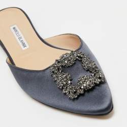 Manolo Blahnik Dark Grey Satin Hangisi Mule Sandals Size 40