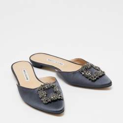 Manolo Blahnik Dark Grey Satin Hangisi Mule Sandals Size 40